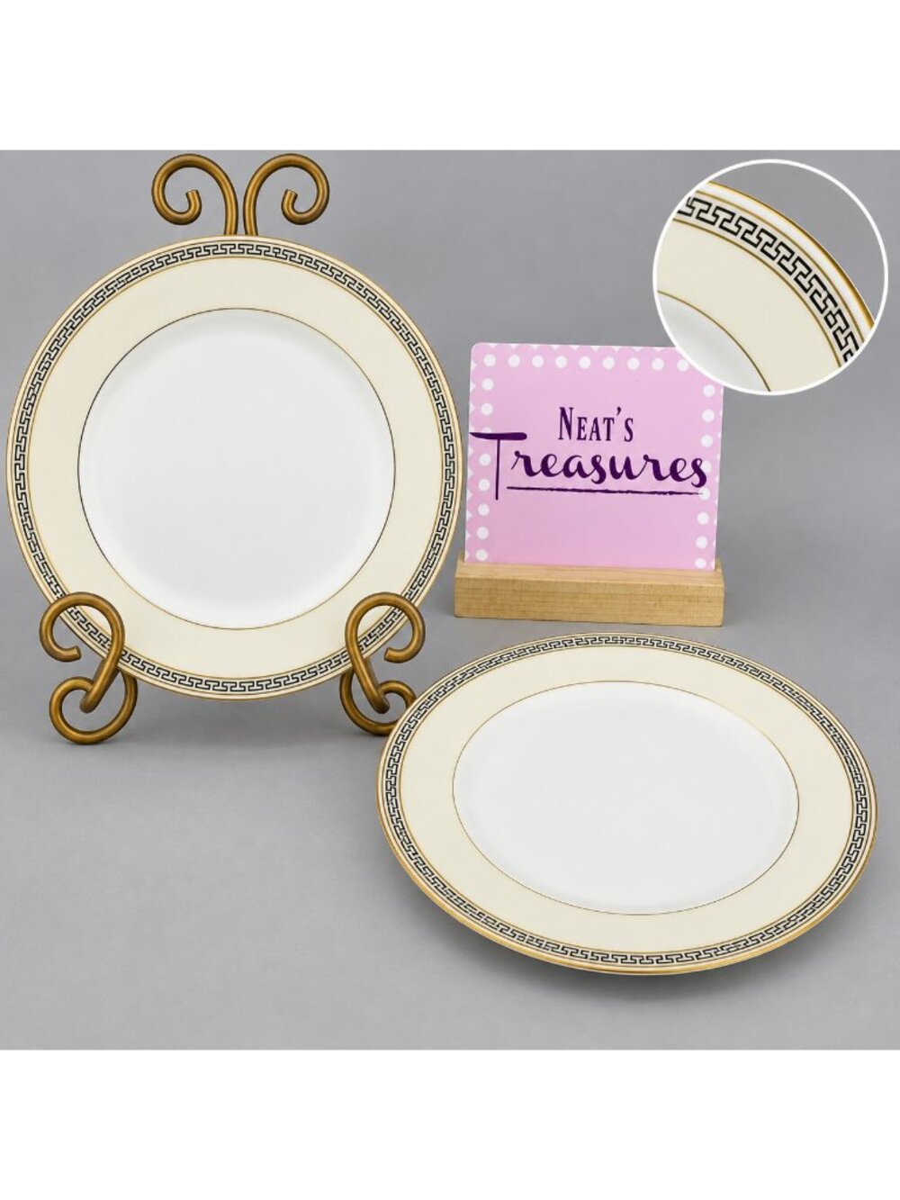Eschenbach A2254 Black Greek Key Cream Rim Gold Rings Bread Side Plates Set of 2